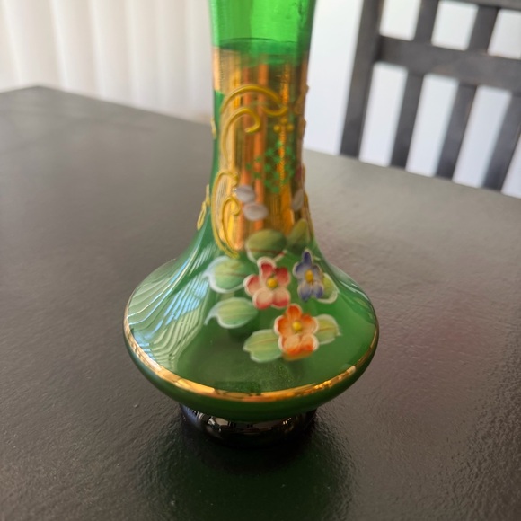Vintage Emerald Green Glass Vase Gold Rim Hand Painted Flowers Czech Bohemian - Picture 9 of 14